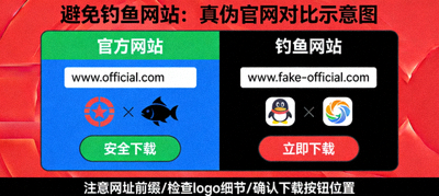 避免钓鱼网站识别官方下载渠道示意图 - 真伪官网对比