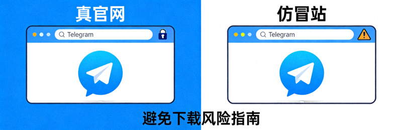 避免下载风险指南示意图 - 真假Telegram官网对比图，左侧为真官网带安全锁，右侧为仿冒站带警告标志