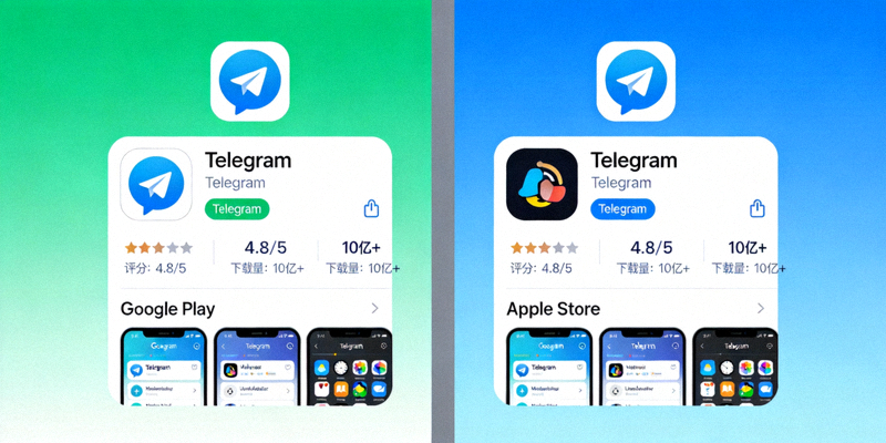 Google Play商店和Apple App Store中Telegram官方应用页面的对比示意图