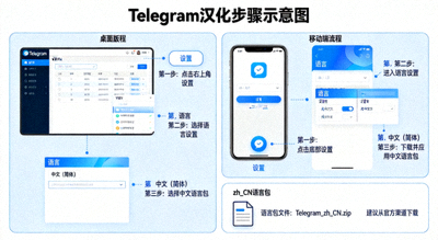 如何汉化Telegram详细步骤示意图 - 展示桌面版和手机版语言设置界面及语言包文件