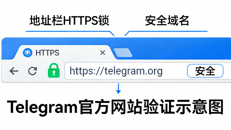 Telegram官方网站验证示意图 - 展示浏览器地址栏HTTPS锁和安全域名