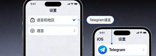 Telegram手机版语言设置界面截图 - 展示Android和iOS的设置路径