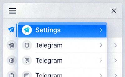 Telegram桌面版打开设置菜单示意图 - 显示三条横线菜单和Settings选项