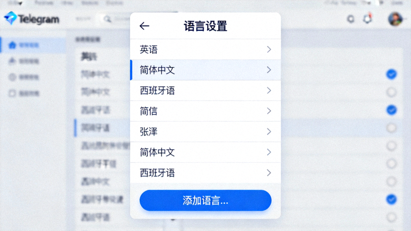 Telegram桌面版语言设置界面截图 - 显示添加语言按钮和语言列表